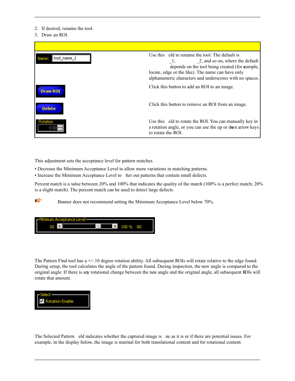 Minimum acceptance level, Rotation enabled, Selected pattern | Banner PresencePLUS Pro COLOR—PROII Camera User Manual | Page 114 / 392