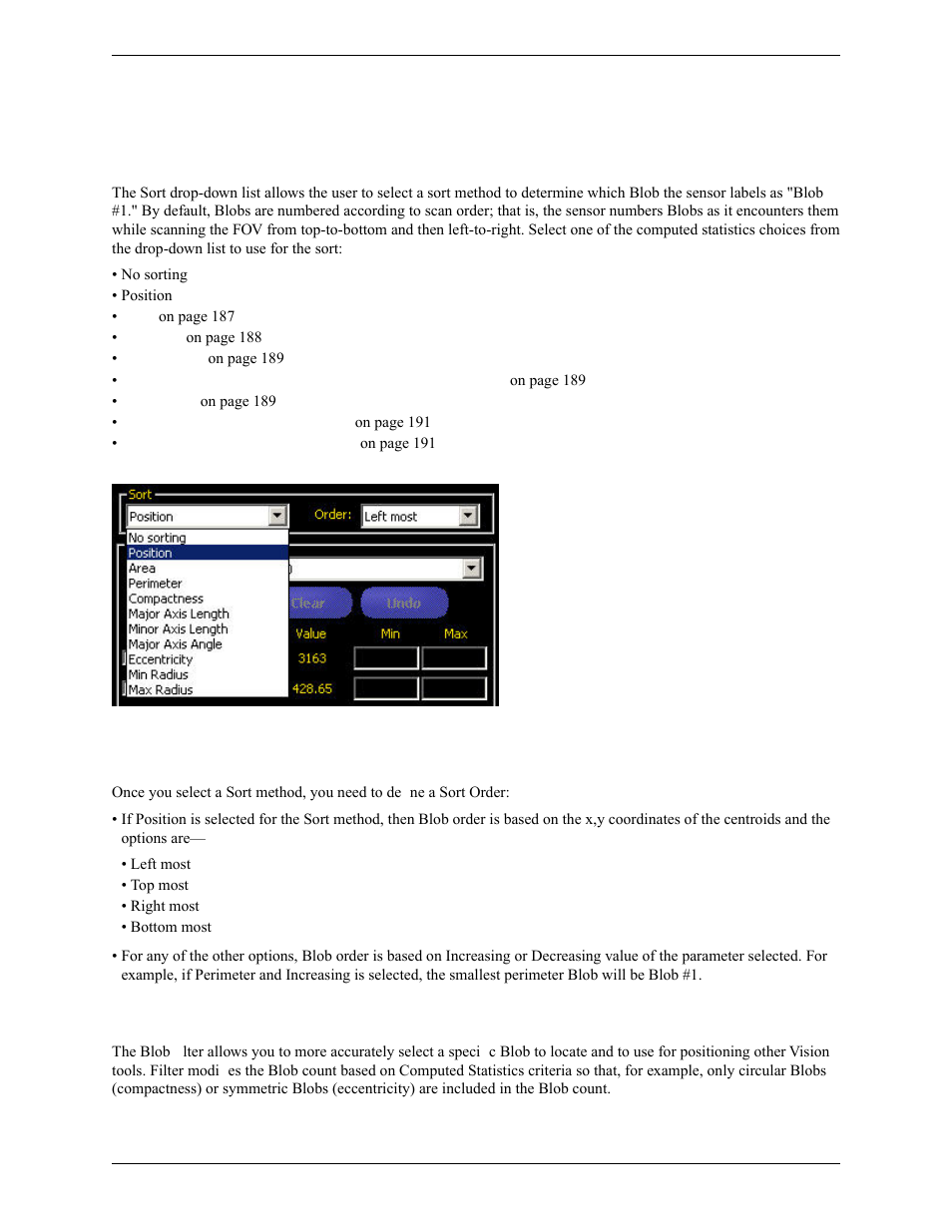 Blob find filter/sort tab, Blob sort, Blob sort order | Blob filter | Banner PresencePLUS Pro COLOR—PROII Camera User Manual | Page 121 / 392