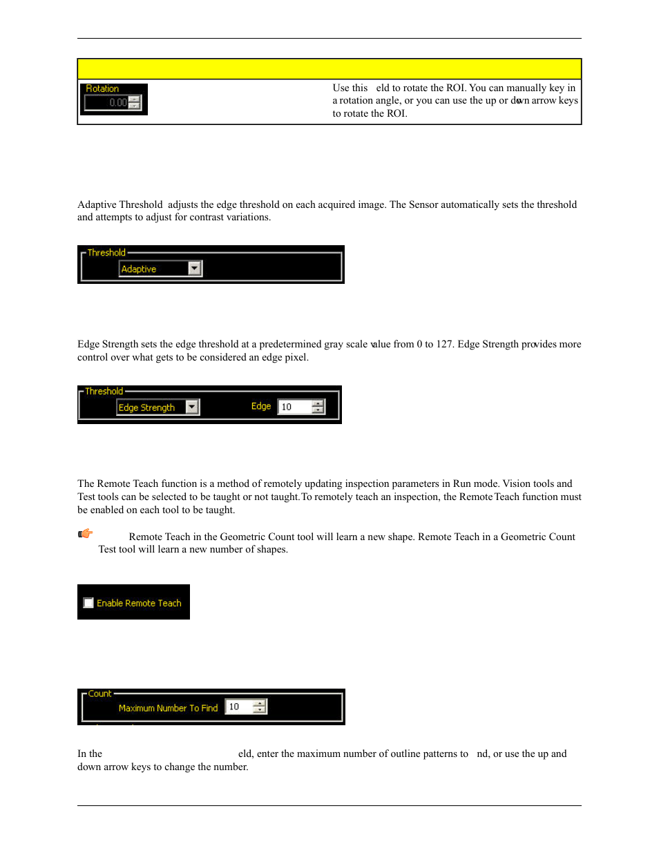 Threshold, Adaptive threshold, Edge strength | Enabling remote teach, Count | Banner PresencePLUS Pro COLOR—PROII Camera User Manual | Page 155 / 392