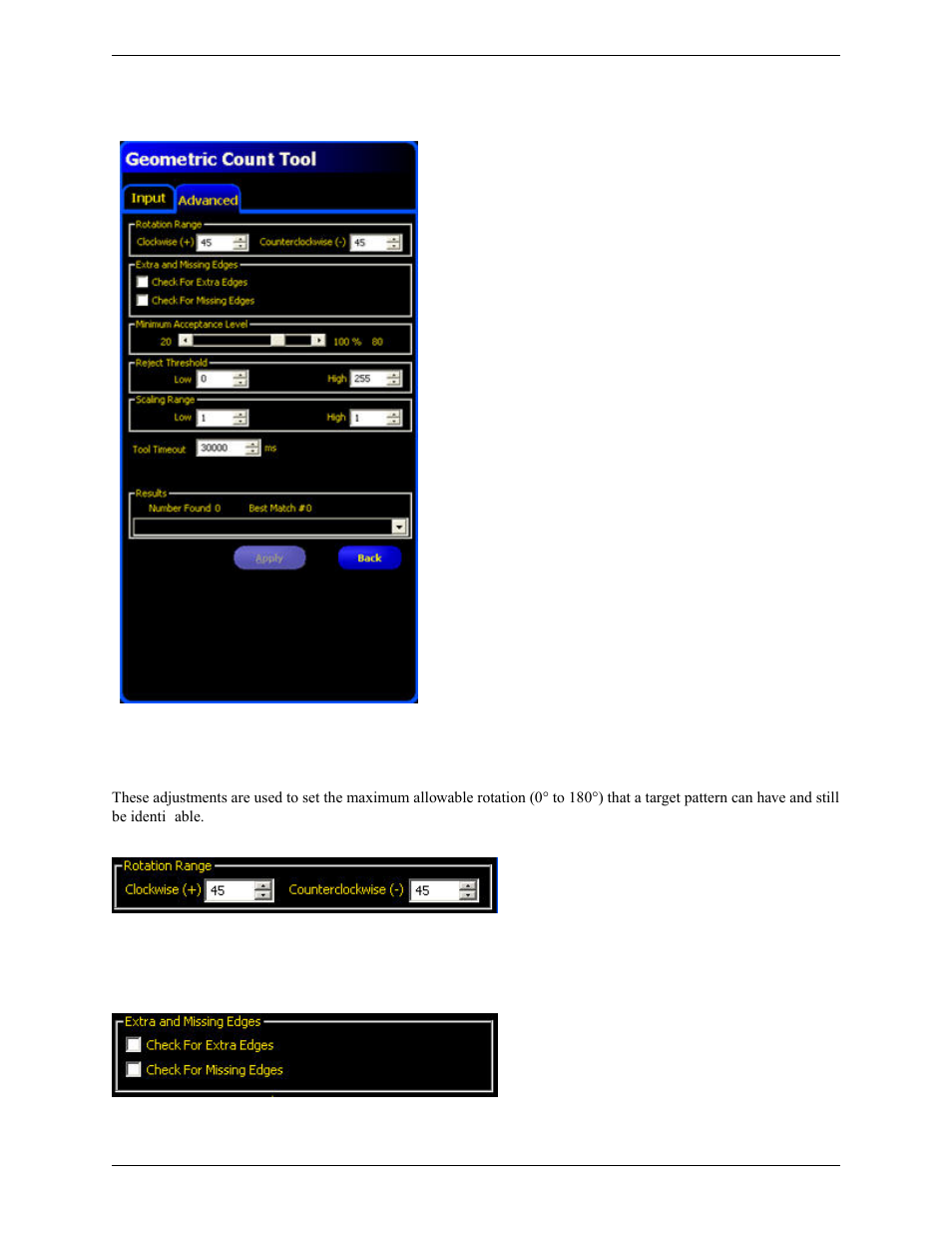 Rotation range, Extra and missing edges | Banner PresencePLUS Pro COLOR—PROII Camera User Manual | Page 157 / 392