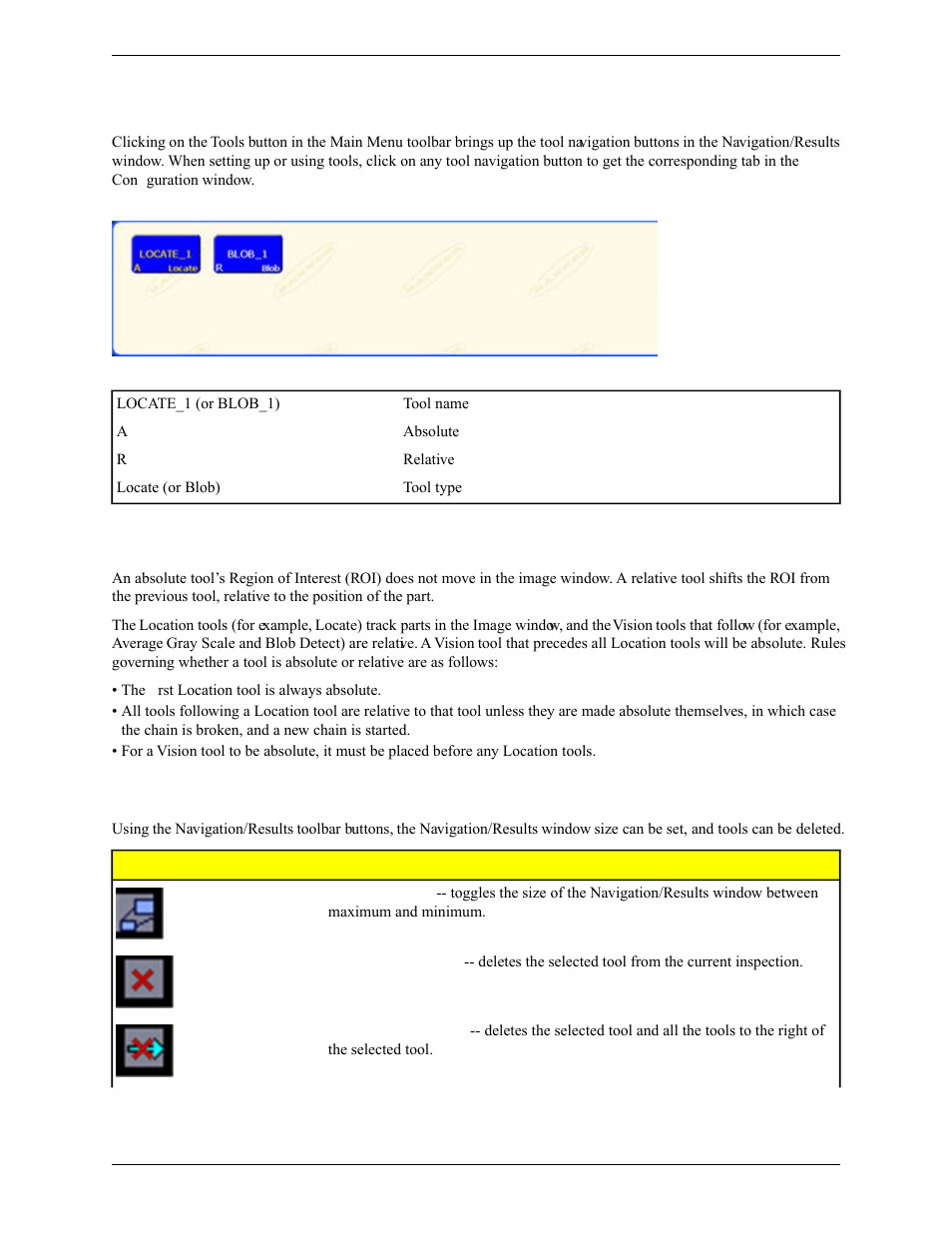 Navigation buttons, Absolute and relative tools, Navigation/results toolbar buttons | Banner PresencePLUS Pro COLOR—PROII Camera User Manual | Page 17 / 392