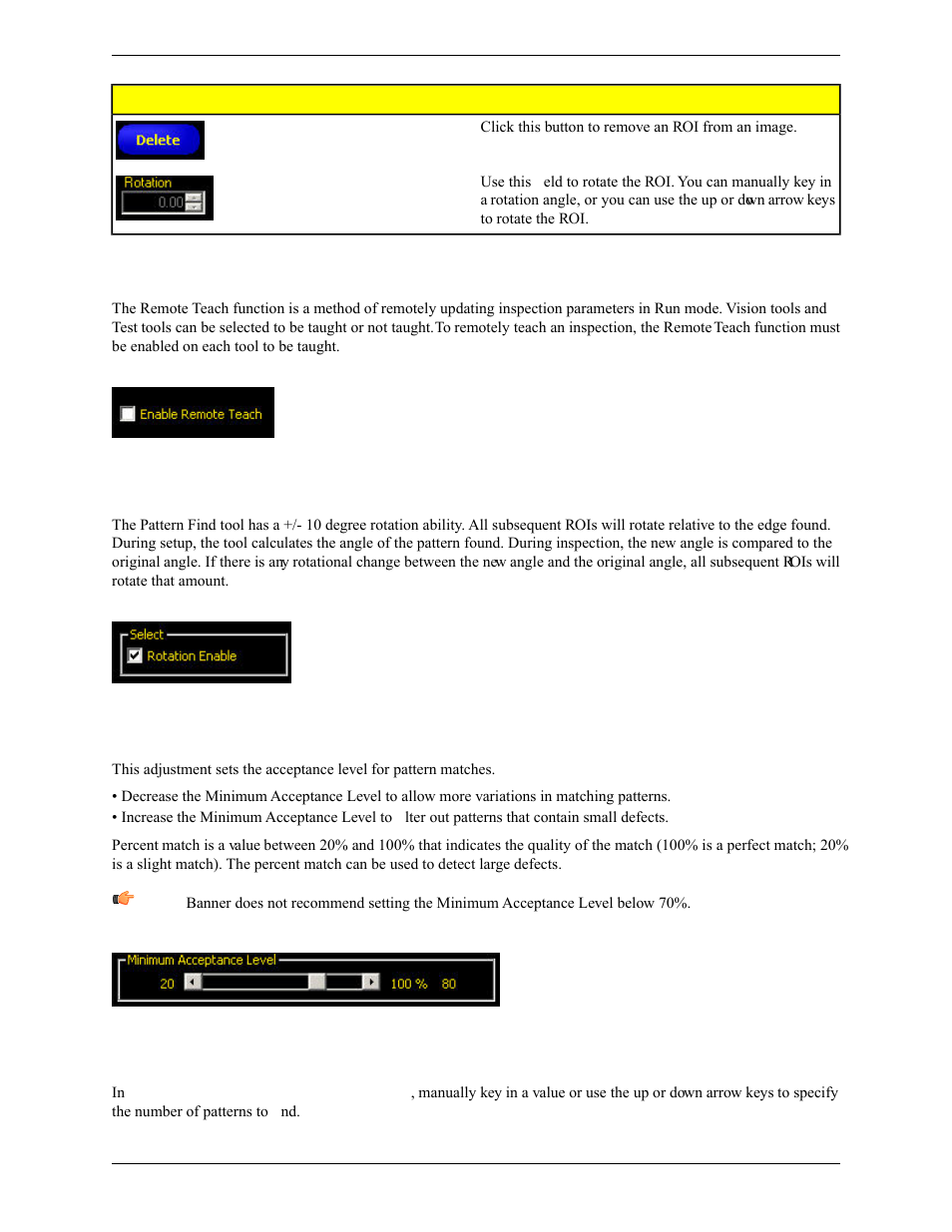 Enabling remote teach, Rotation enabled, Minimum acceptance level | Patterns | Banner PresencePLUS Pro COLOR—PROII Camera User Manual | Page 173 / 392