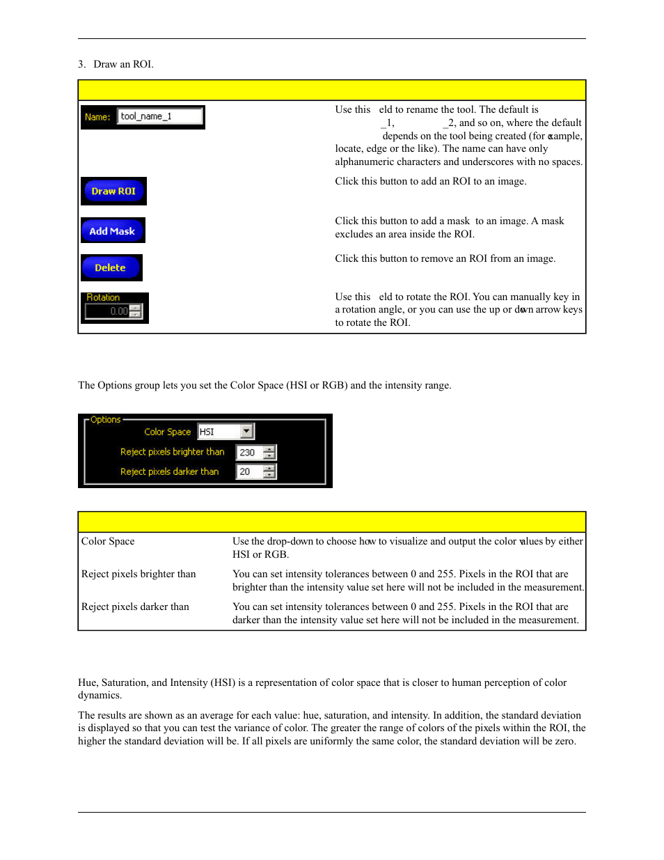 Options, Average color tool results - hsi | Banner PresencePLUS Pro COLOR—PROII Camera User Manual | Page 176 / 392