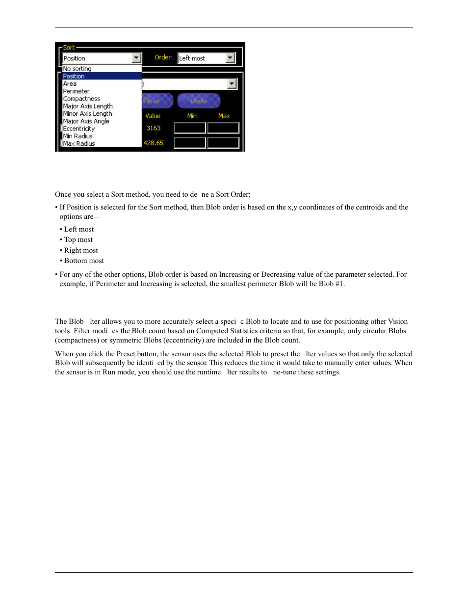 Blob sort order, Blob filter | Banner PresencePLUS Pro COLOR—PROII Camera User Manual | Page 184 / 392