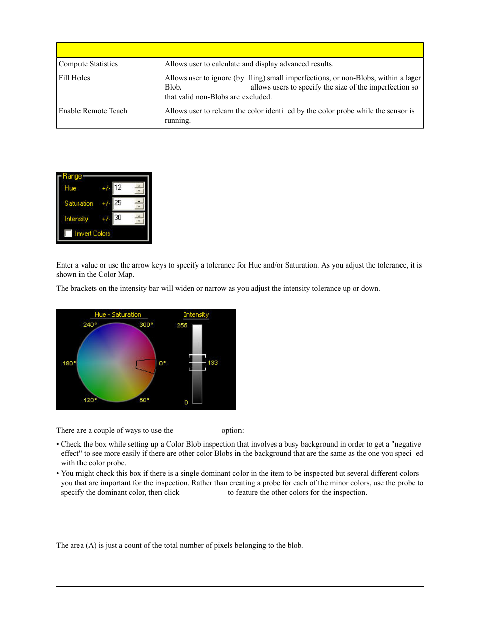 Range, Color blob advanced tab results, Area | Banner PresencePLUS Pro COLOR—PROII Camera User Manual | Page 187 / 392