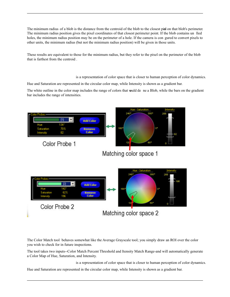 Min radius and min radius position, Max radius and max radius position, Color blob tool color map visualization | 3 color match tool | Banner PresencePLUS Pro COLOR—PROII Camera User Manual | Page 191 / 392