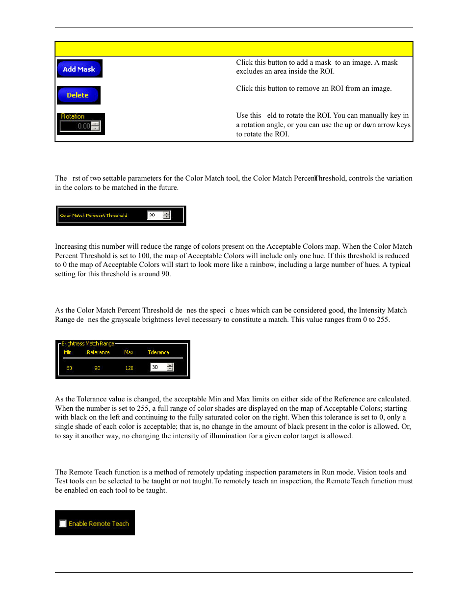 Color match percent threshold, Intensity match range, Enabling remote teach | Banner PresencePLUS Pro COLOR—PROII Camera User Manual | Page 193 / 392