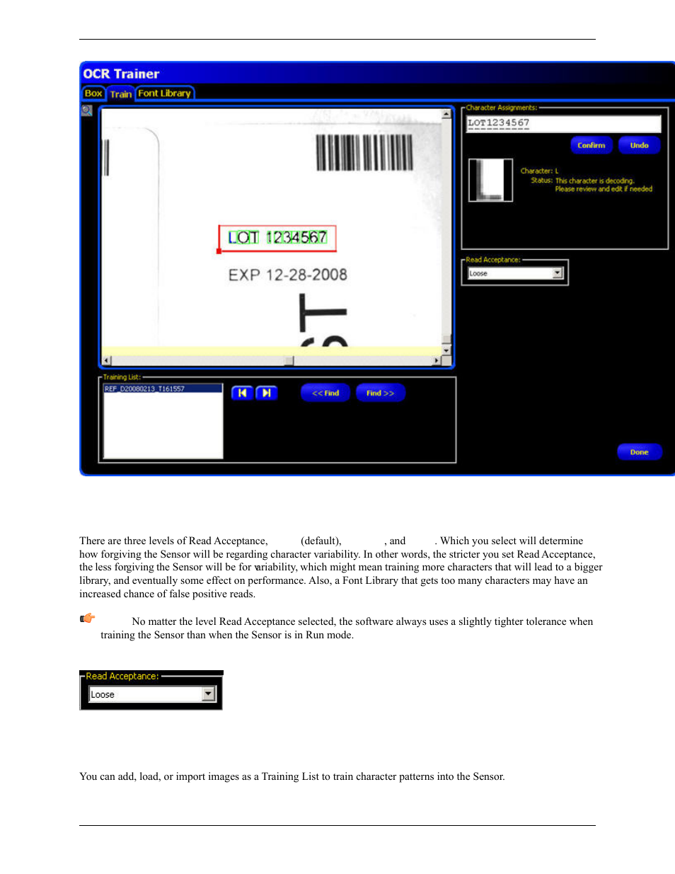 Read acceptance, Training list | Banner PresencePLUS Pro COLOR—PROII Camera User Manual | Page 243 / 392