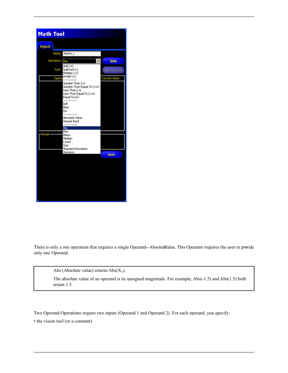 Math tool modes, One operand operation, One operand functions | Two operand operations, Math tool modes one operand operation | Banner PresencePLUS Pro COLOR—PROII Camera User Manual | Page 268 / 392