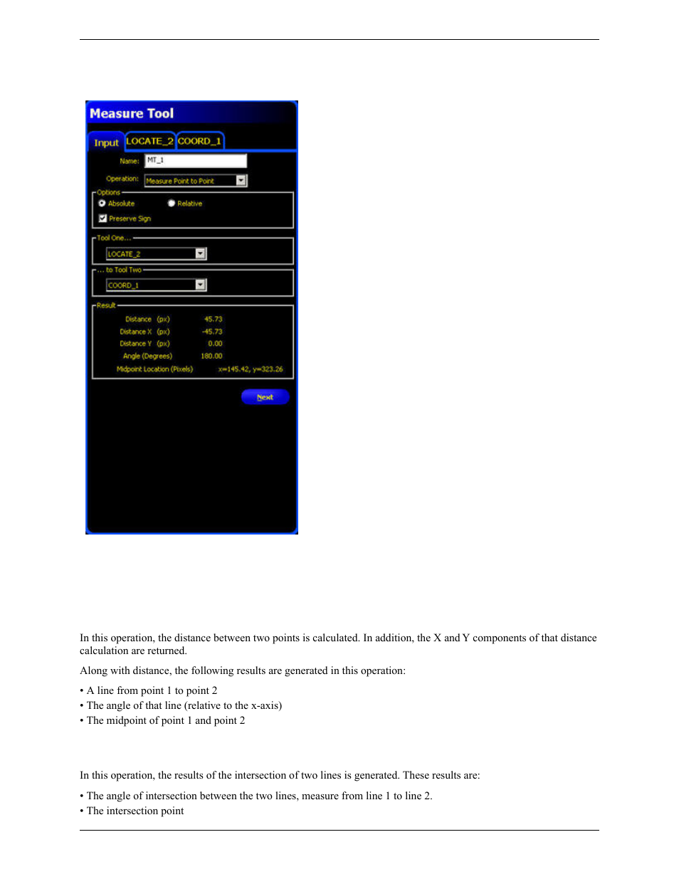 Measure tool operations, Measure from a point to a point, Intersect two lines | Banner PresencePLUS Pro COLOR—PROII Camera User Manual | Page 273 / 392