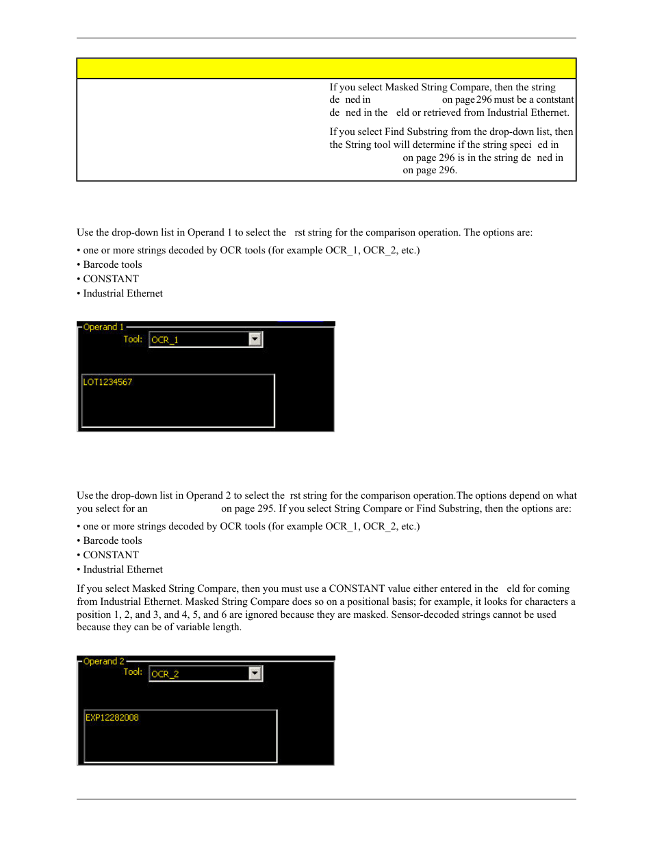 Operand 1 field, Operand 2 field, Strings that you select in the | Banner PresencePLUS Pro COLOR—PROII Camera User Manual | Page 296 / 392