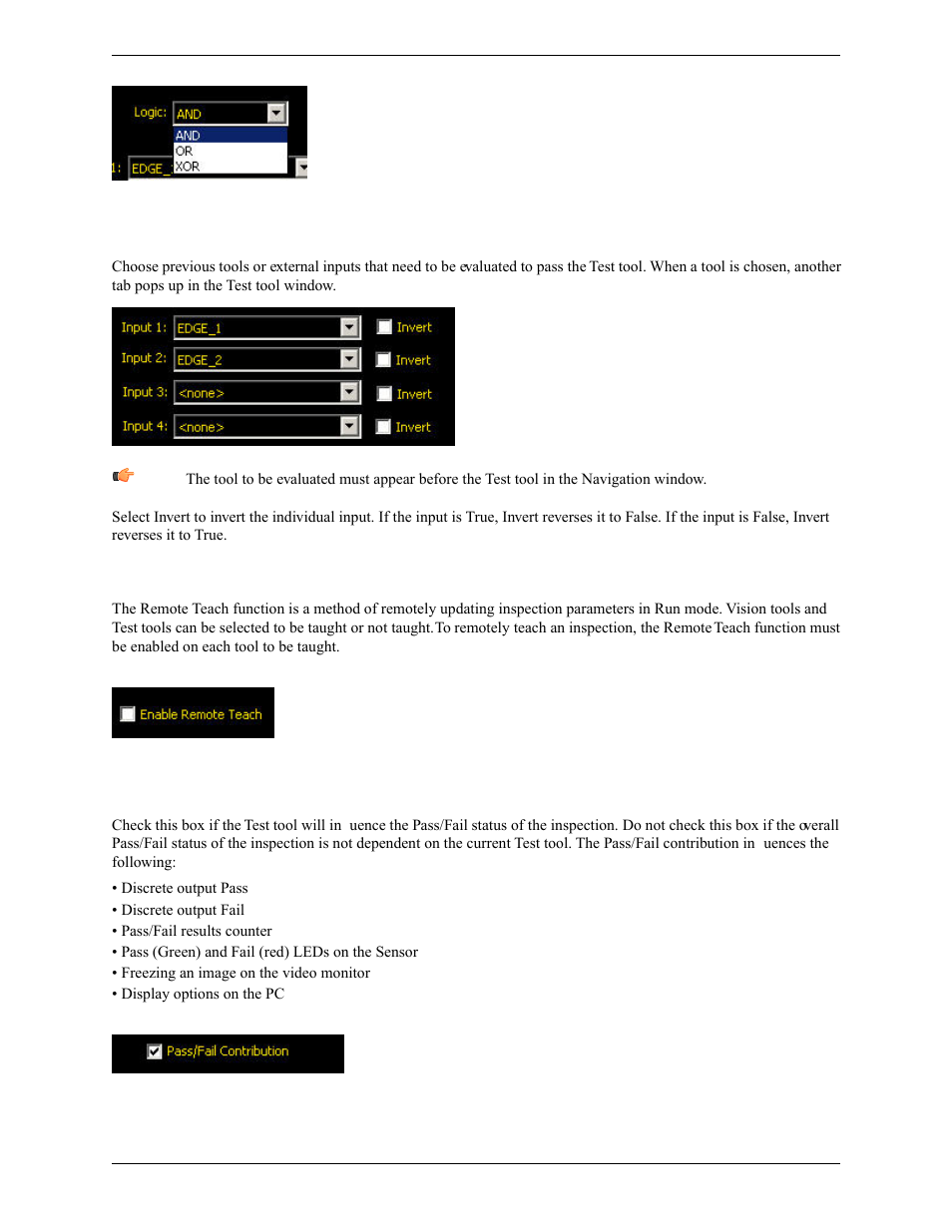 Inputs, Enabling remote teach, Pass/fail contribution | Banner PresencePLUS Pro COLOR—PROII Camera User Manual | Page 303 / 392