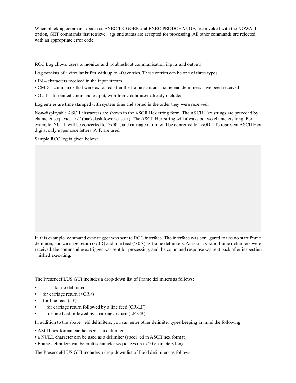 5 rcc log, 6 frame and field delimiters, 5 rcc log 8.7.6 frame and field delimiters | Banner PresencePLUS Pro COLOR—PROII Camera User Manual | Page 330 / 392