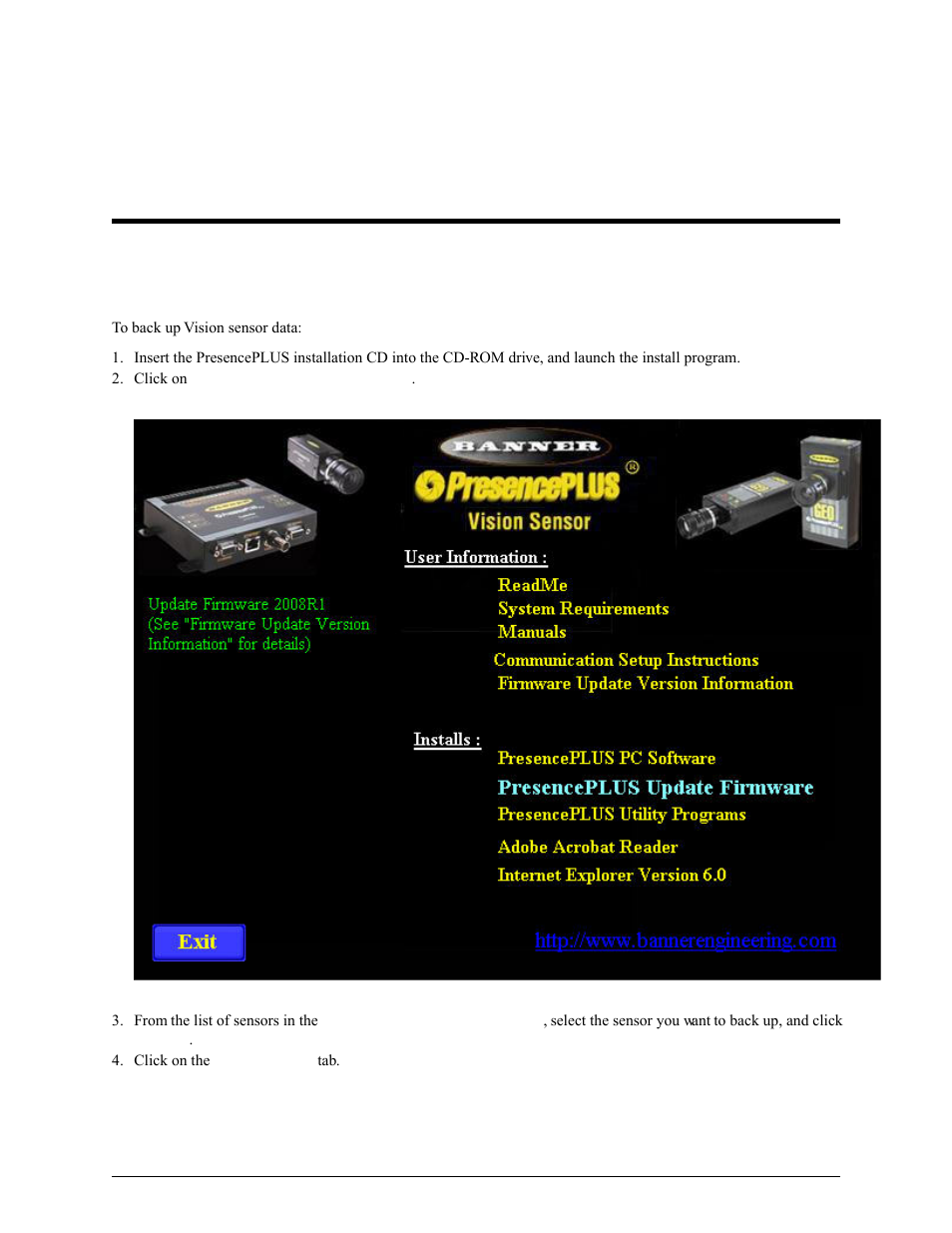Backing up and restoring vision sensor data, 1 backing up vision sensor data | Banner PresencePLUS Pro COLOR—PROII Camera User Manual | Page 361 / 392