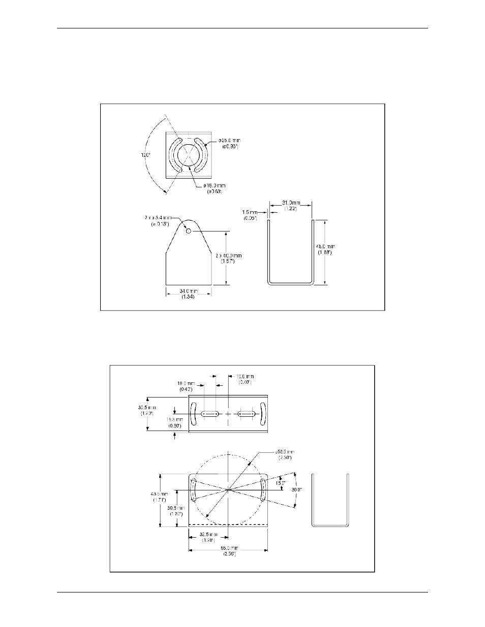 1 camera mounting bracket dimensions, Bracket model smbppu dimensions, Bracket model smbpplu dimensions | Banner PresencePLUS Pro COLOR—PROII Camera User Manual | Page 375 / 392