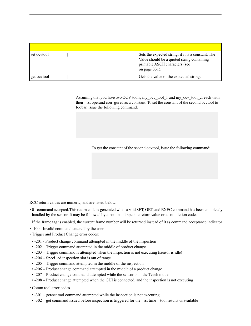 Ocv tool and the remote command channel, Rcc return values | Banner PresencePLUS Pro COLOR—PROII Camera User Manual | Page 60 / 392