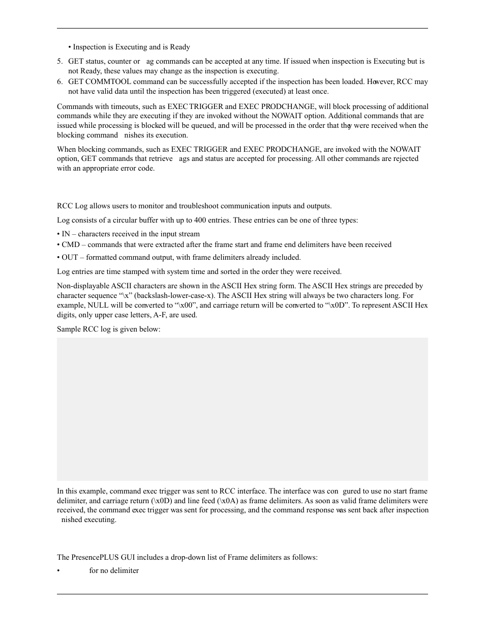 Rcc log, Frame and field delimiters | Banner PresencePLUS Pro COLOR—PROII Camera User Manual | Page 62 / 392