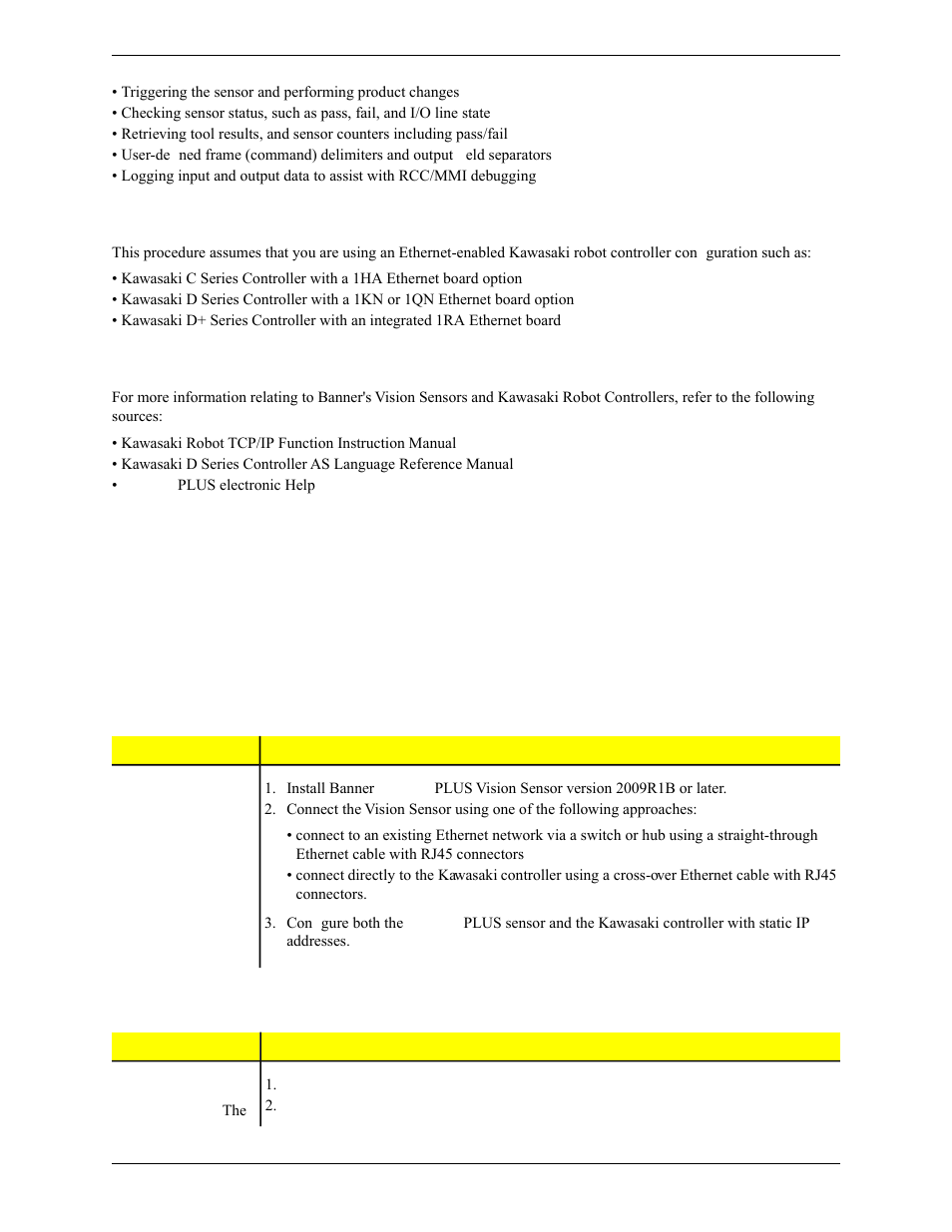 Prerequisites — kawasaki robot, Related documentation, Establishing sensor/robot communication | Establishing, Sensor/robot communication | Banner PresencePLUS Pro COLOR—PROII Camera User Manual | Page 65 / 392