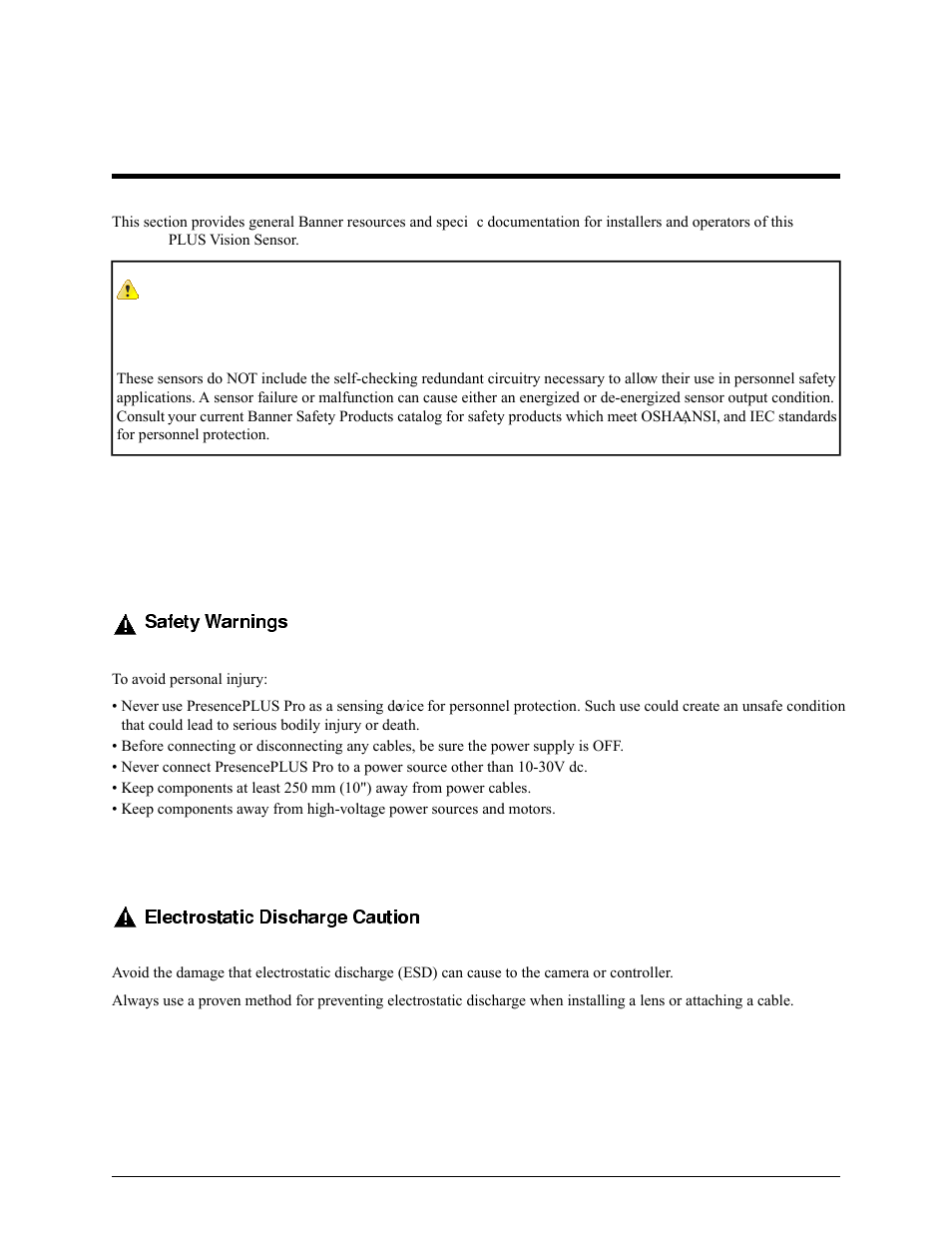 Product support and maintenance, 1 warnings and cautions, 1 safety warnings | 2 electrostatic discharge caution, 3 user service caution, Chapter 1: product support and maintenance, Chapter 1 product support and maintenance | Banner PresencePLUS Pro COLOR—PROII Camera User Manual | Page 7 / 392