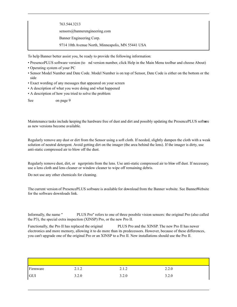 3 maintenance, 4 presenceplus pro models, 1 comparison table | 3 maintenance 1.4 presenceplus pro models | Banner PresencePLUS Pro COLOR—PROII Camera User Manual | Page 9 / 392