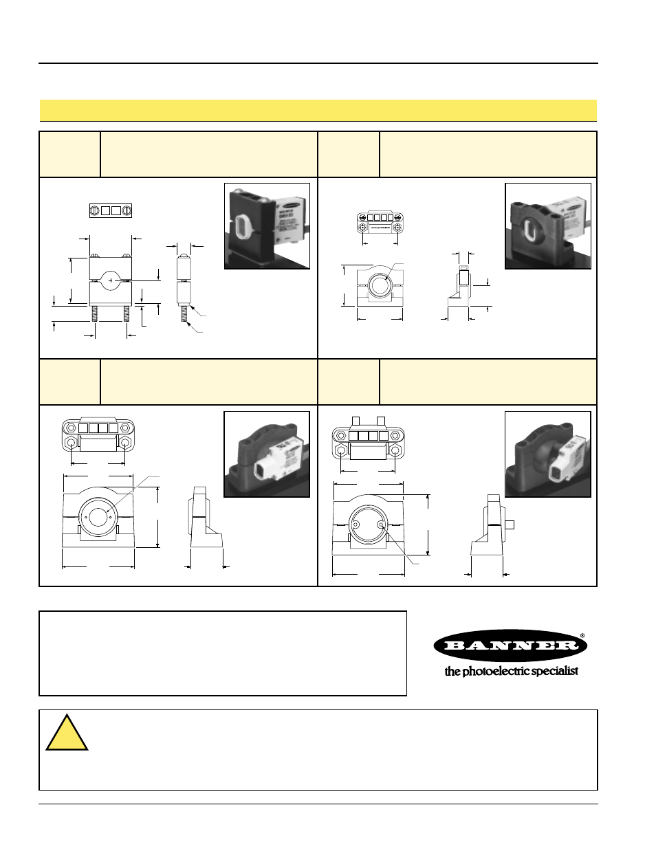 Mini-beam universal voltage series, Mini-beam mounting brackets, Warning | Banner MINI-BEAM Series User Manual | Page 12 / 12