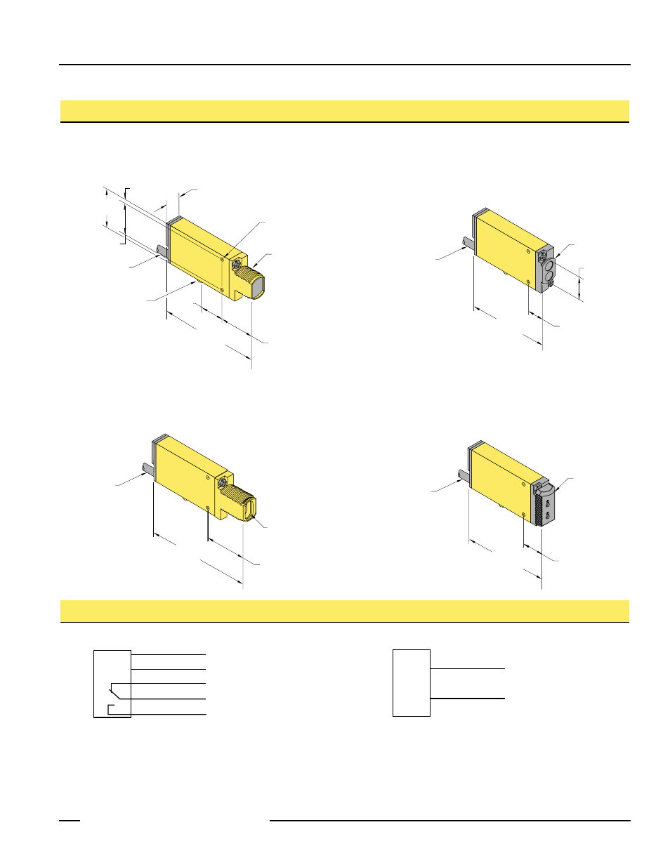 Dimensions & hookups, Mini-beam universal voltage series, All models except emitters | Banner MINI-BEAM Series User Manual | Page 7 / 12