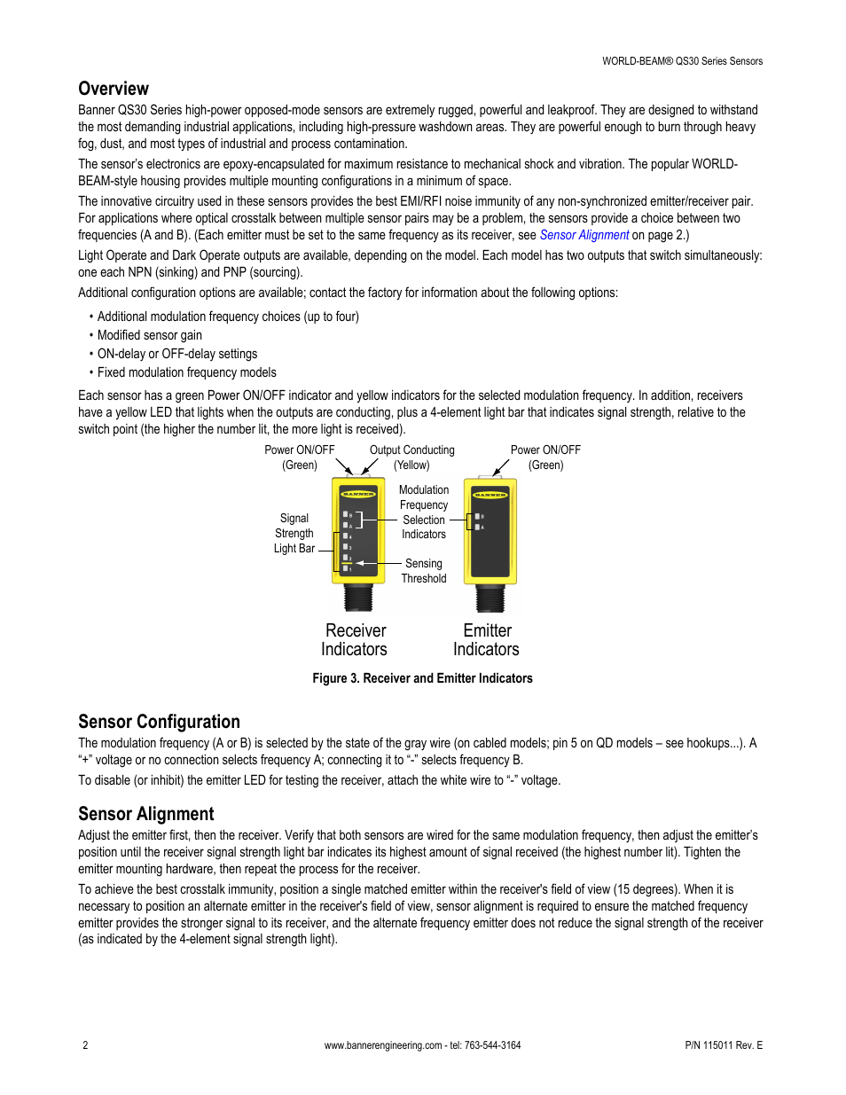 Overview, Receiver indicators emitter indicators, Sensor configuration | Sensor alignment | Banner WORLD-BEAM QS30 High-Power Opposed Mode User Manual | Page 2 / 6