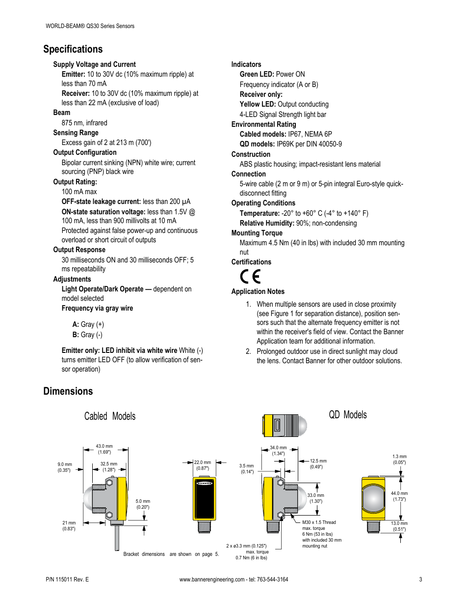 Qd models cabled models, Specifications, Dimensions | Banner WORLD-BEAM QS30 High-Power Opposed Mode User Manual | Page 3 / 6