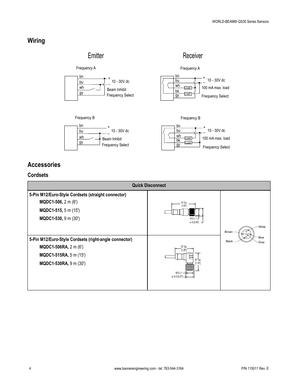 Emitter receiver, Wiring, Accessories | Cordsets | Banner WORLD-BEAM QS30 High-Power Opposed Mode User Manual | Page 4 / 6