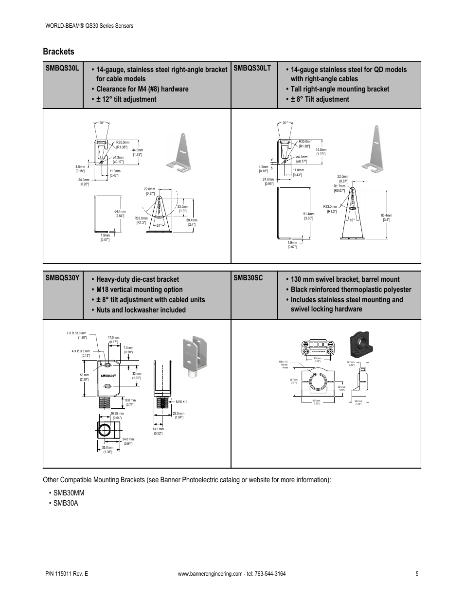 Brackets | Banner WORLD-BEAM QS30 High-Power Opposed Mode User Manual | Page 5 / 6