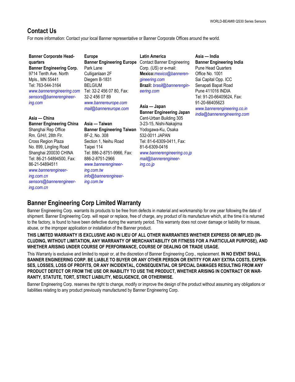 Contact us, Banner engineering corp limited warranty | Banner WORLD-BEAM QS30 High-Power Opposed Mode User Manual | Page 6 / 6