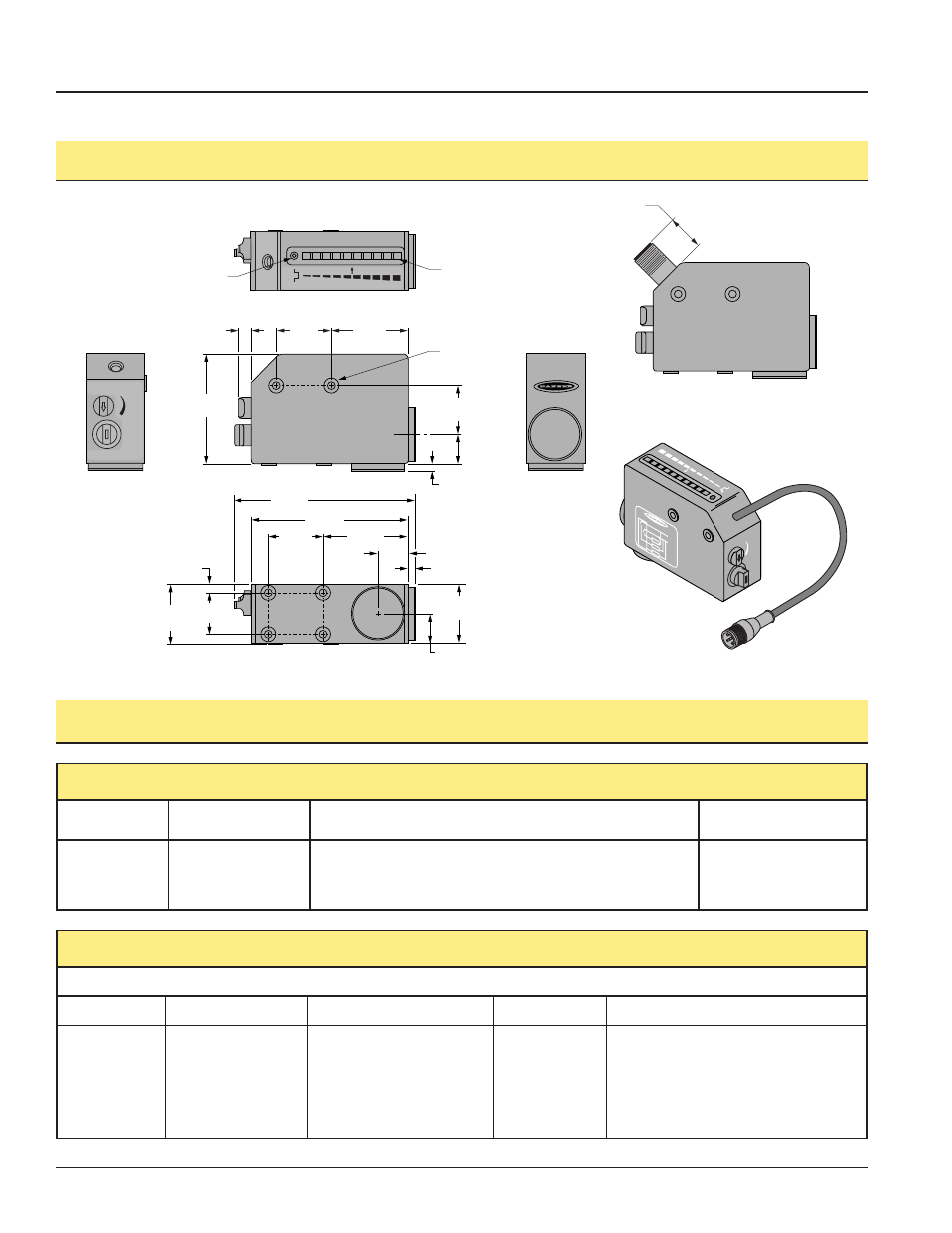 R55 color mark sensor, R55 dimension information, Accessories r55 modifications | Quick disconnect (qd) cables, Description, Model suffix modification example of model number, Style model length connector, Used with, All r55 sensors with qd fitting | Banner R55E Series User Manual | Page 8 / 8