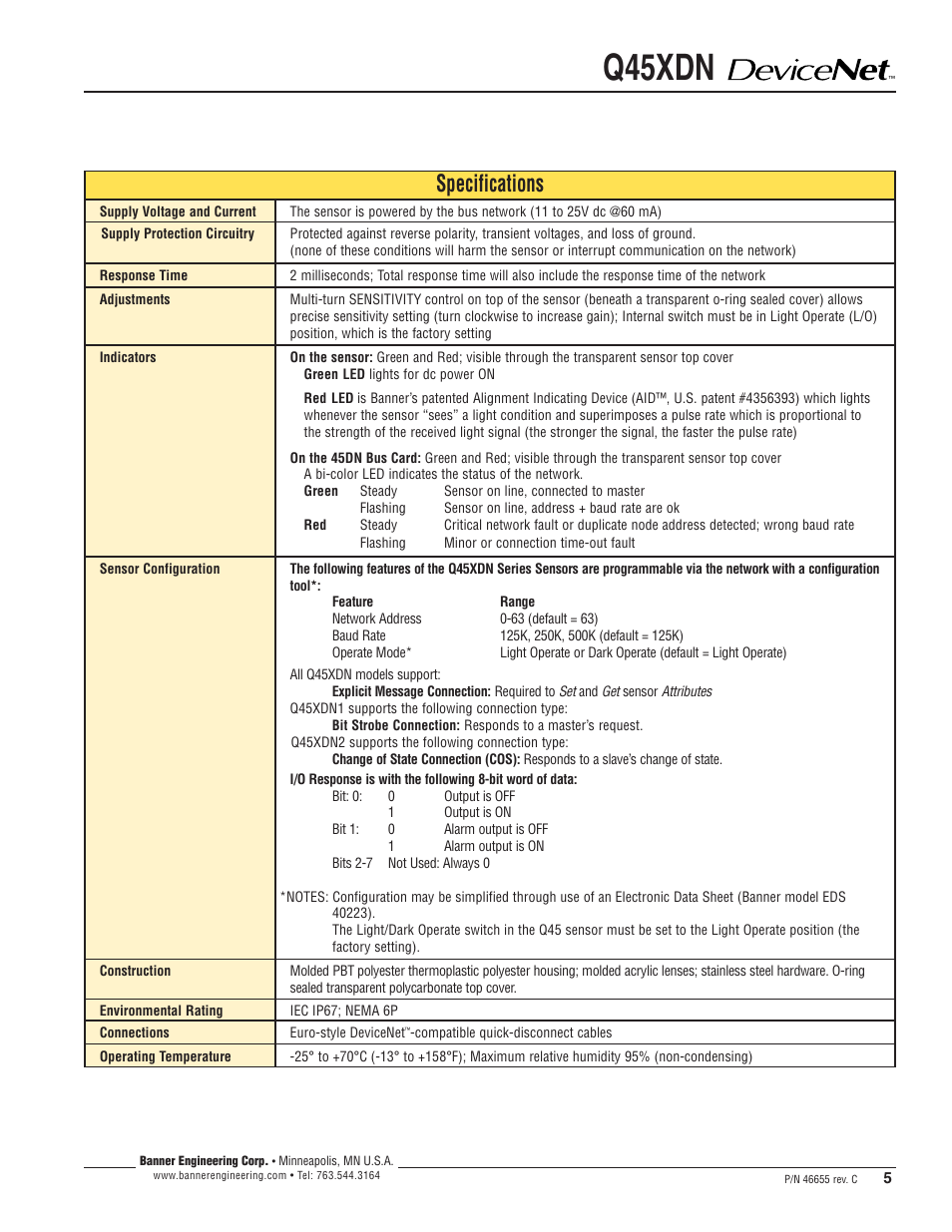 Q45xdn, Specifications | Banner Q45 Series User Manual | Page 5 / 8