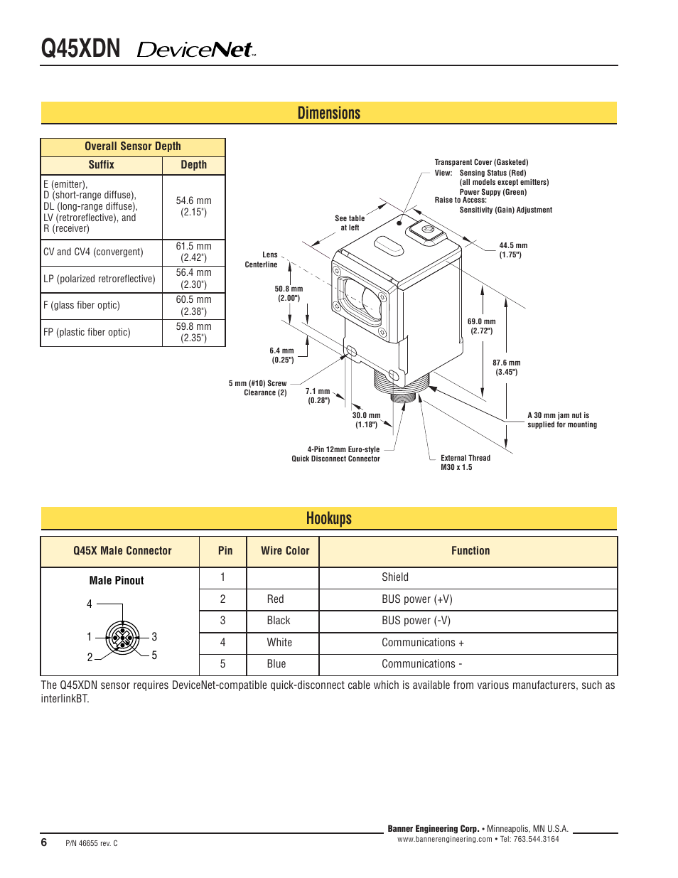 Q45xdn, Dimensions, Hookups | Banner Q45 Series User Manual | Page 6 / 8