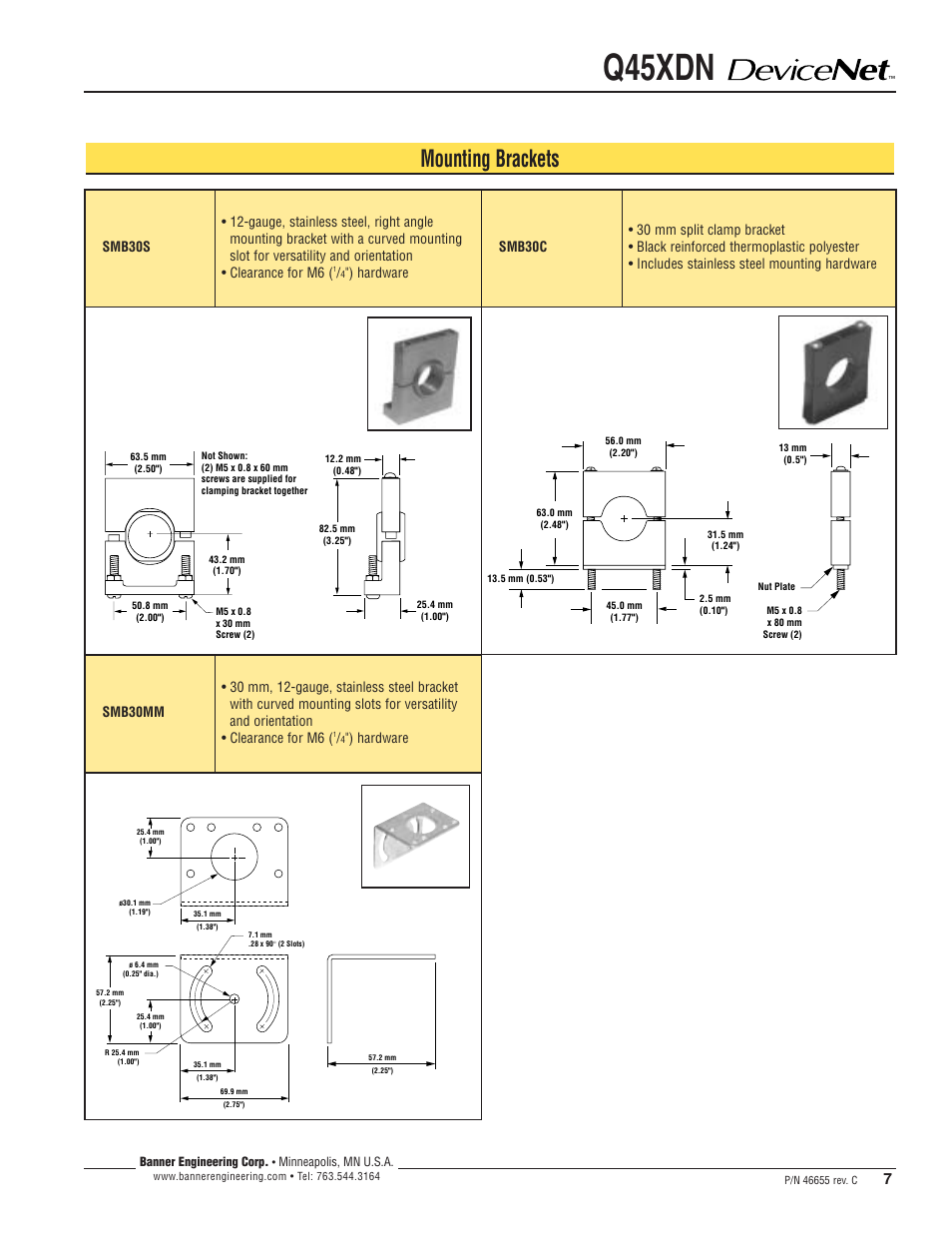 Q45xdn, Mounting brackets, Hardware | Banner Q45 Series User Manual | Page 7 / 8