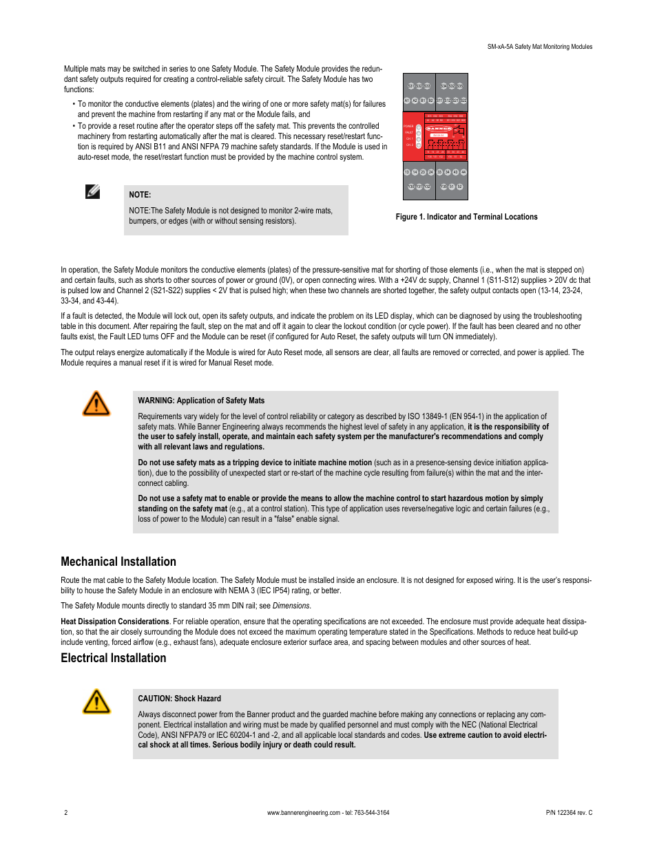 Mechanical installation, Electrical installation | Banner Safety Mat Monitoring Modules User Manual | Page 2 / 8