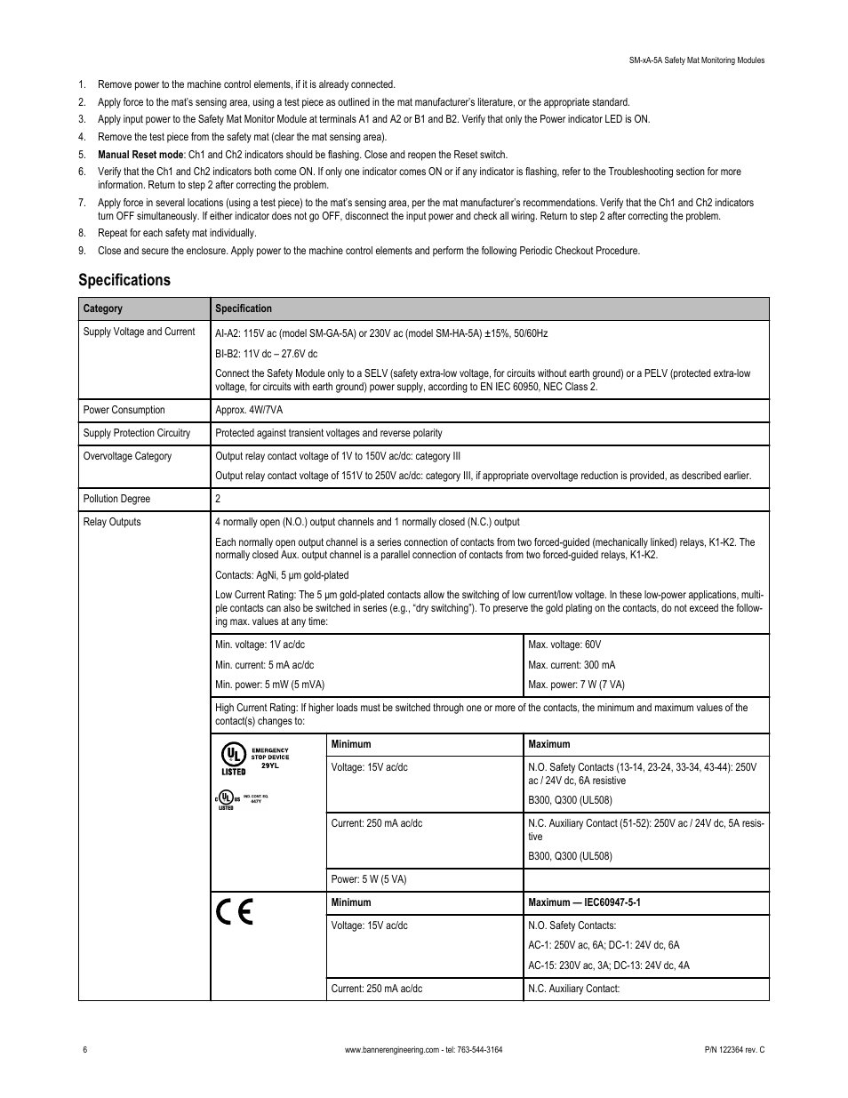 Specifications | Banner Safety Mat Monitoring Modules User Manual | Page 6 / 8