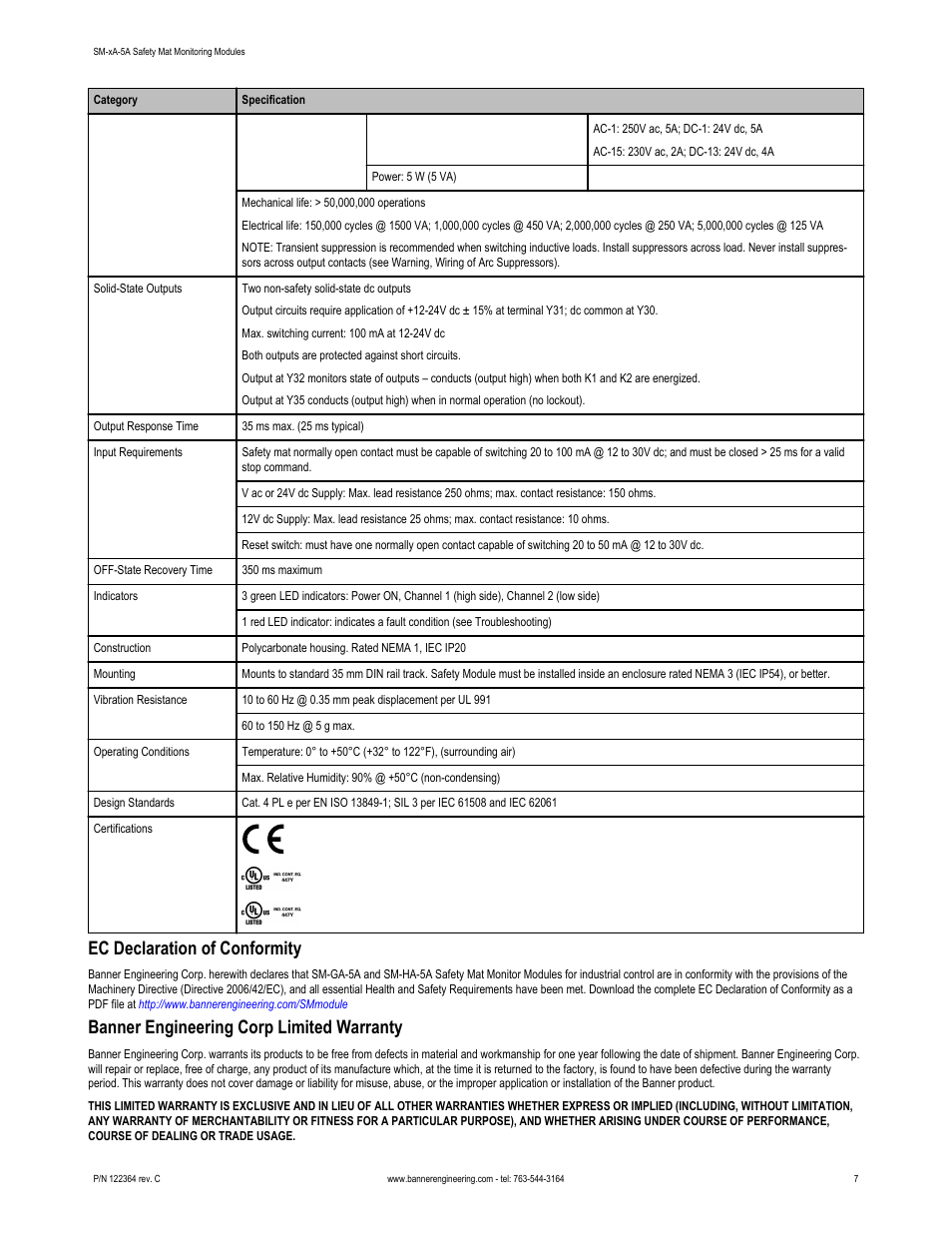 Ec declaration of conformity, Banner engineering corp limited warranty | Banner Safety Mat Monitoring Modules User Manual | Page 7 / 8