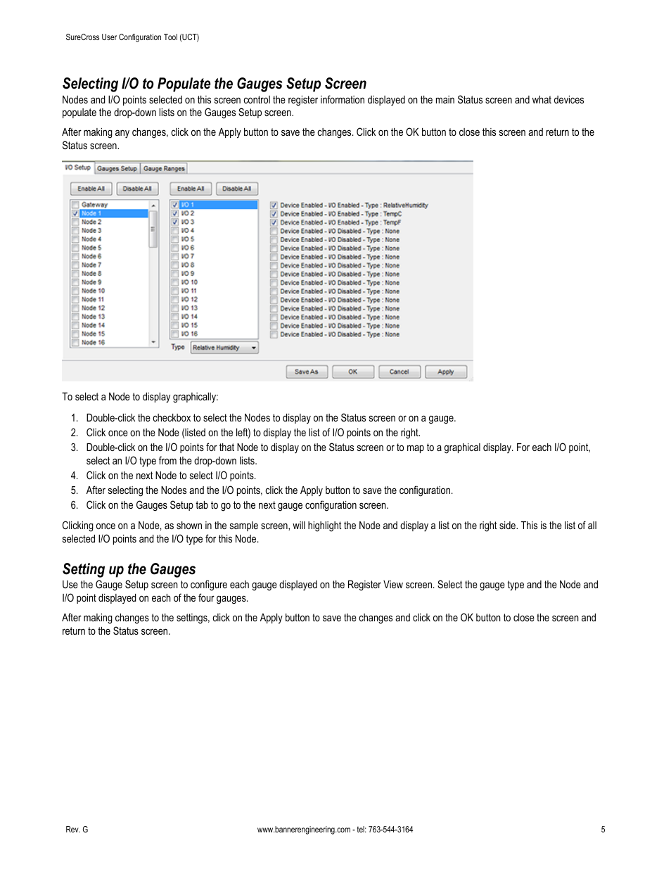 Selecting i/o to populate the gauges setup screen, Setting up the gauges | Banner SureCross DX80 Wireless Networks User Manual | Page 5 / 31