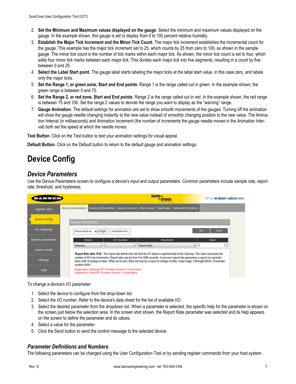 Device config, Device parameters, Parameter definitions and numbers | Banner SureCross DX80 Wireless Networks User Manual | Page 7 / 31