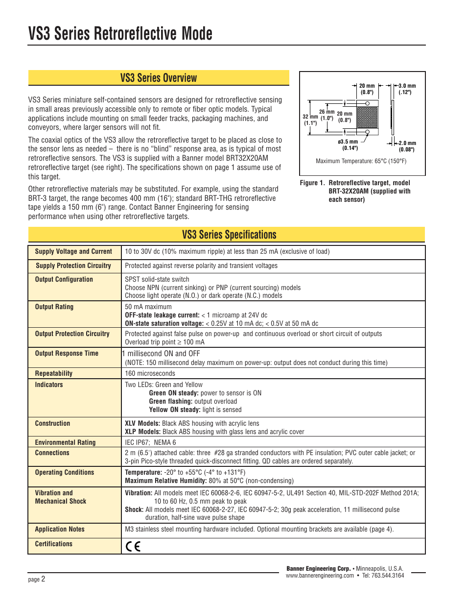 Vs3 series retroreflective mode, Vs3 series specifications, Vs3 series overview | Banner VS3 Series User Manual | Page 2 / 5