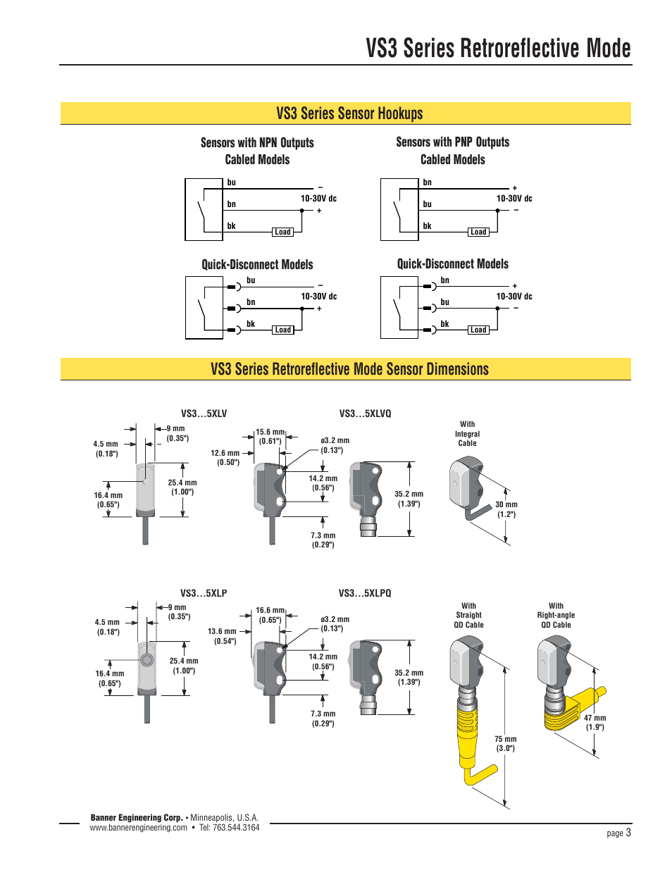 Vs3 series retroreflective mode, Vs3 series retroreflective mode sensor dimensions, Vs3 series sensor hookups | Banner VS3 Series User Manual | Page 3 / 5