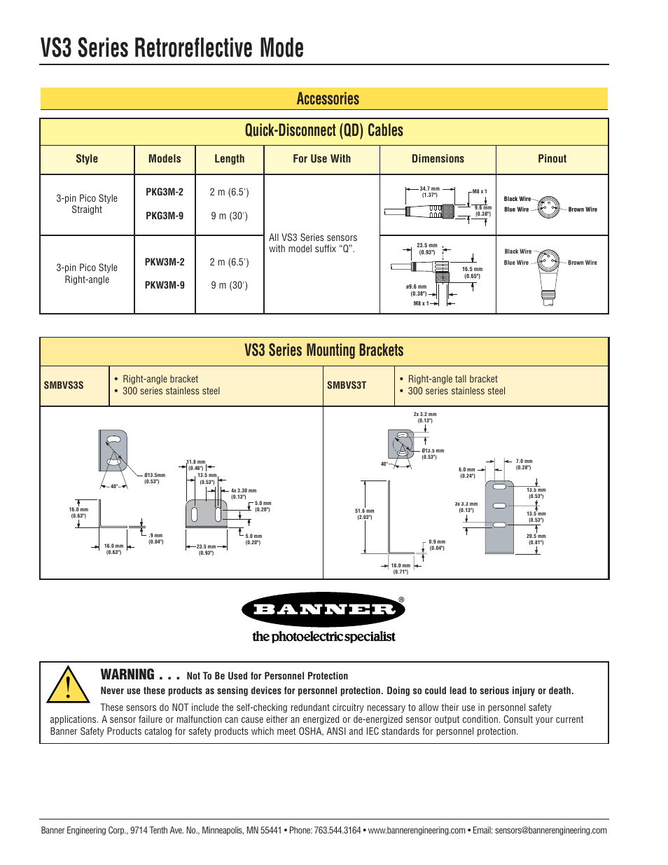Vs3 series retroreflective mode, Vs3 series mounting brackets, Accessories quick-disconnect (qd) cables | Warning, Style models length for use with dimensions pinout | Banner VS3 Series User Manual | Page 4 / 5