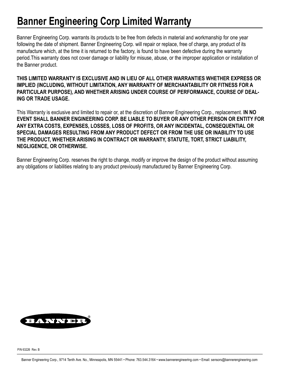 Banner engineering corp limited warranty | Banner VS3 Series User Manual | Page 5 / 5