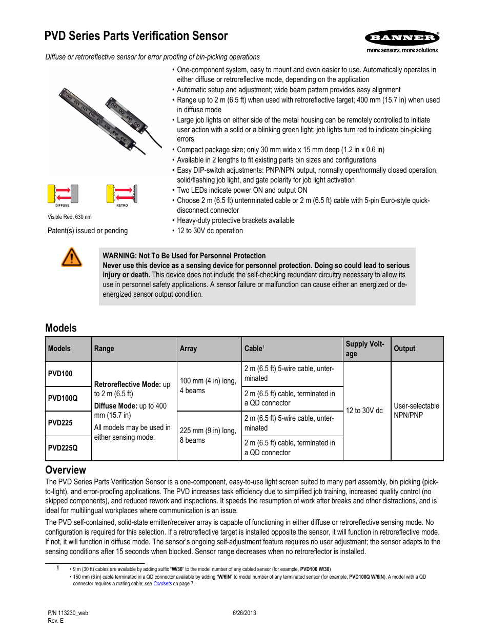 Banner PVD100 Pallet Sensor User Manual | 9 pages