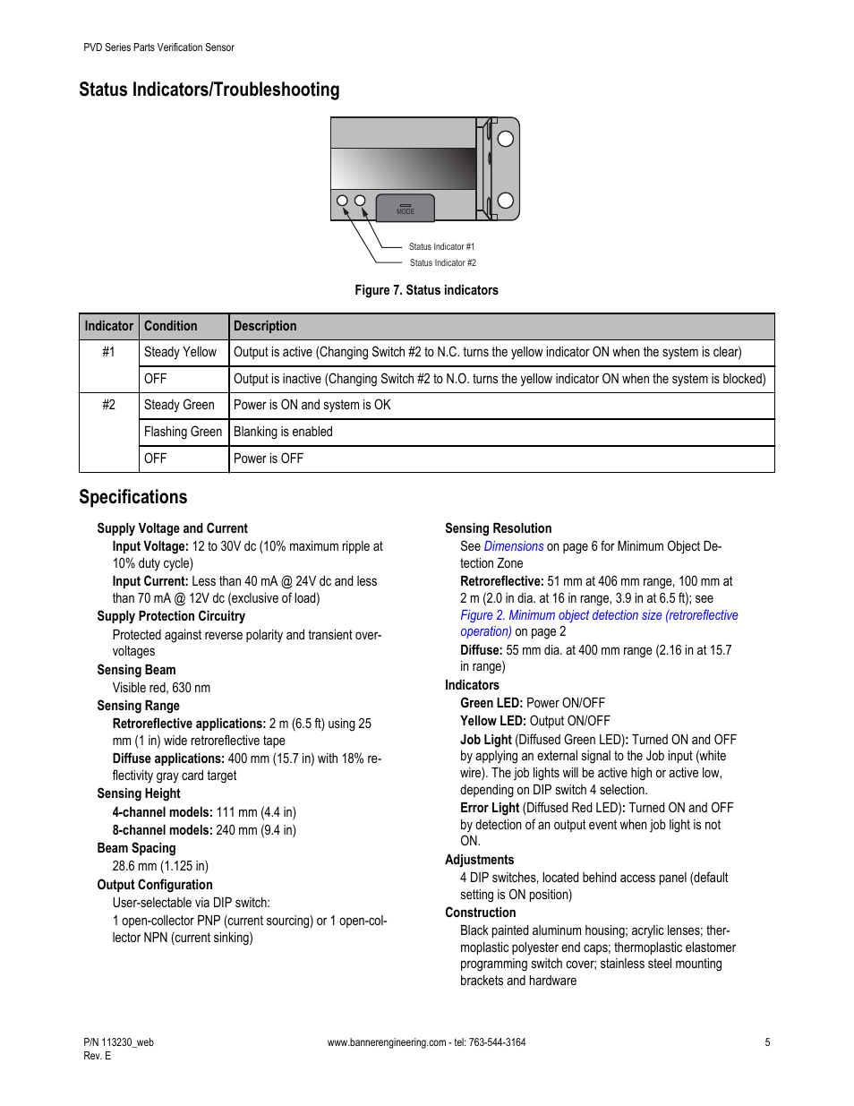 Status indicators/troubleshooting, Specifications | Banner PVD100 Pallet Sensor User Manual | Page 5 / 9