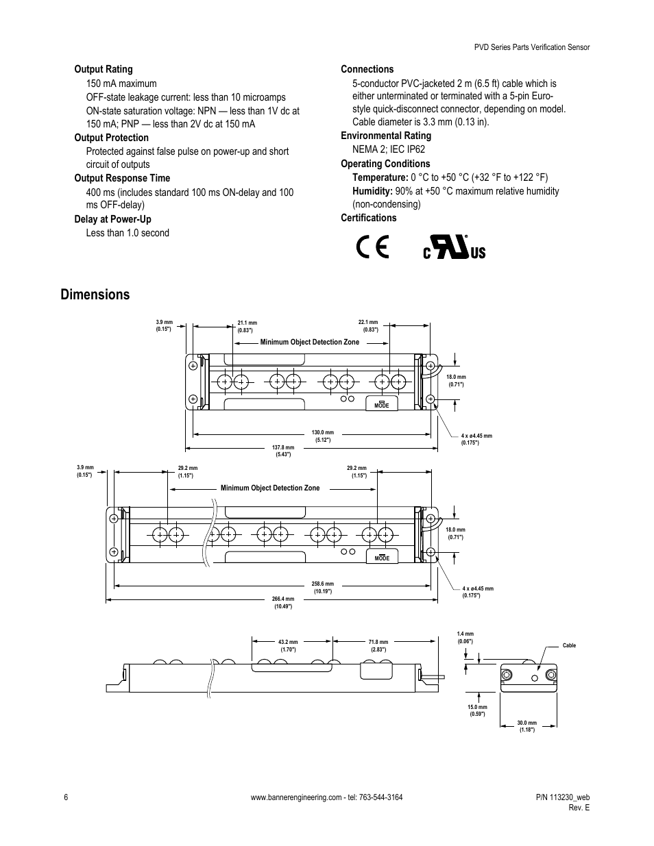 Dimensions | Banner PVD100 Pallet Sensor User Manual | Page 6 / 9