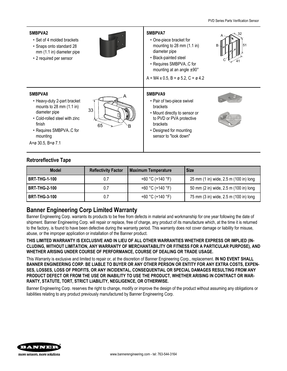Retroreflective tape, Banner engineering corp limited warranty | Banner PVD100 Pallet Sensor User Manual | Page 9 / 9