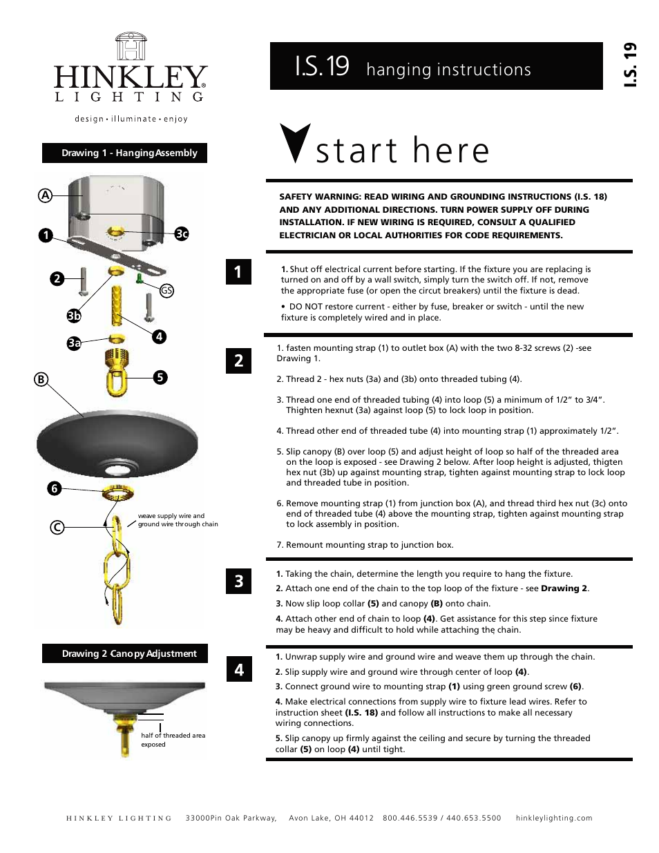 Star t here, I.s.19, Hanging instructions i.s. 19 | Hinkley Lighting PARKER 4436KZ User Manual | Page 2 / 3