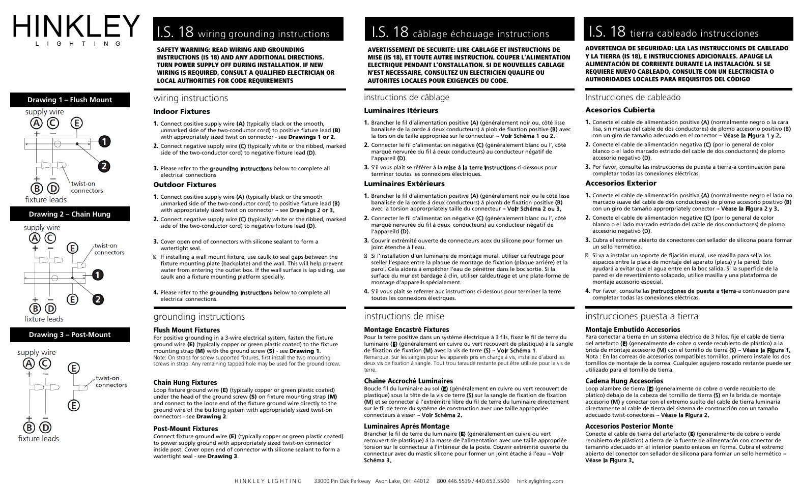I.s. 18, Wiring grounding instructions, Wiring instructions | Grounding instructions, Câblage échouage instructions, Instructions de mise, Tierra cableado instrucciones, Instrucciones puesta a tierra, Instructions de câblage, Instrucciones de cableado | Hinkley Lighting CELINE 3082GF User Manual | Page 2 / 2